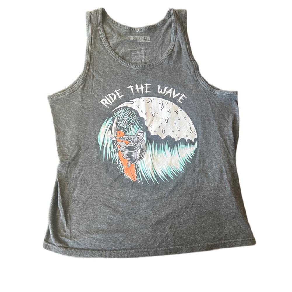 Thirty Single Ride The Wave Grim Reaper Skeleton Surf Gray Large Tank